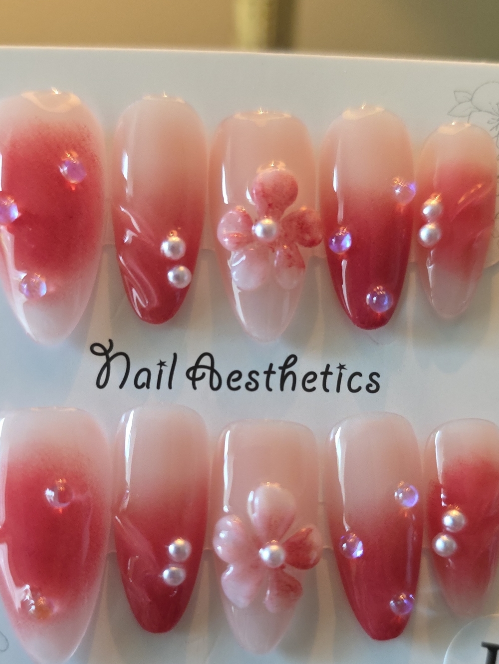 Pink Ombre Press-On Nail Set with Pearls & Floral Accents Size Large